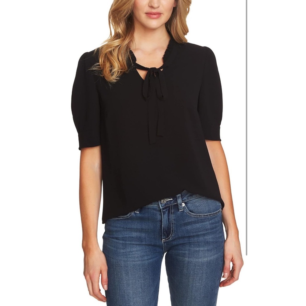 CeCe Tie Neck Blouse Ruffled Blouse Womens XS Black Coquette‎ Minimalist Preppy